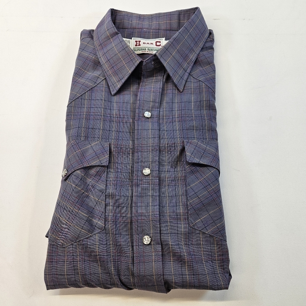 VTG H Bar C Long Tails Western Pearl Snap Shirt Mens 18 Plaid Short Sleeve